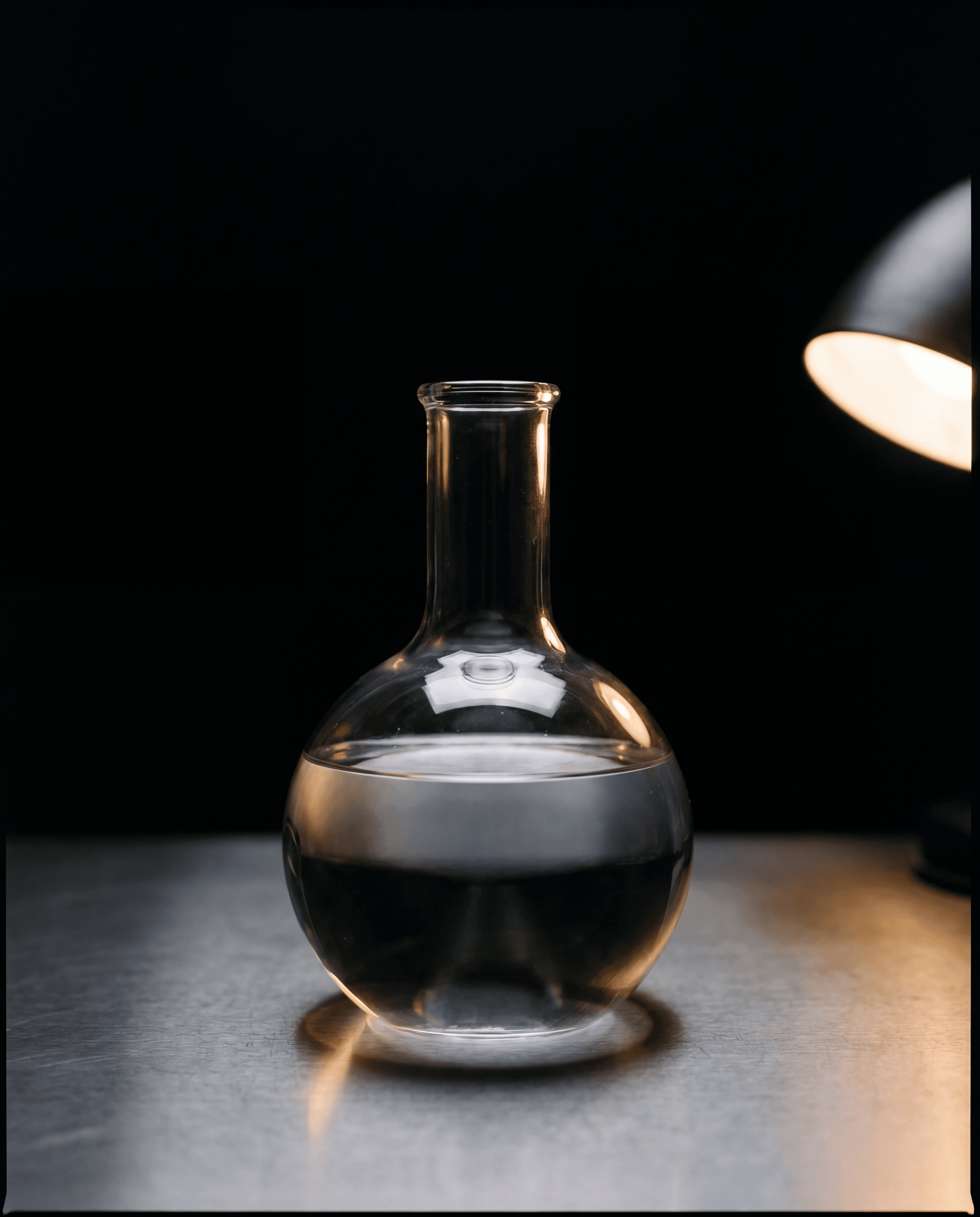 A single apothecary flask of clear spirit on a brushed steel surface, warm rim light from the right.