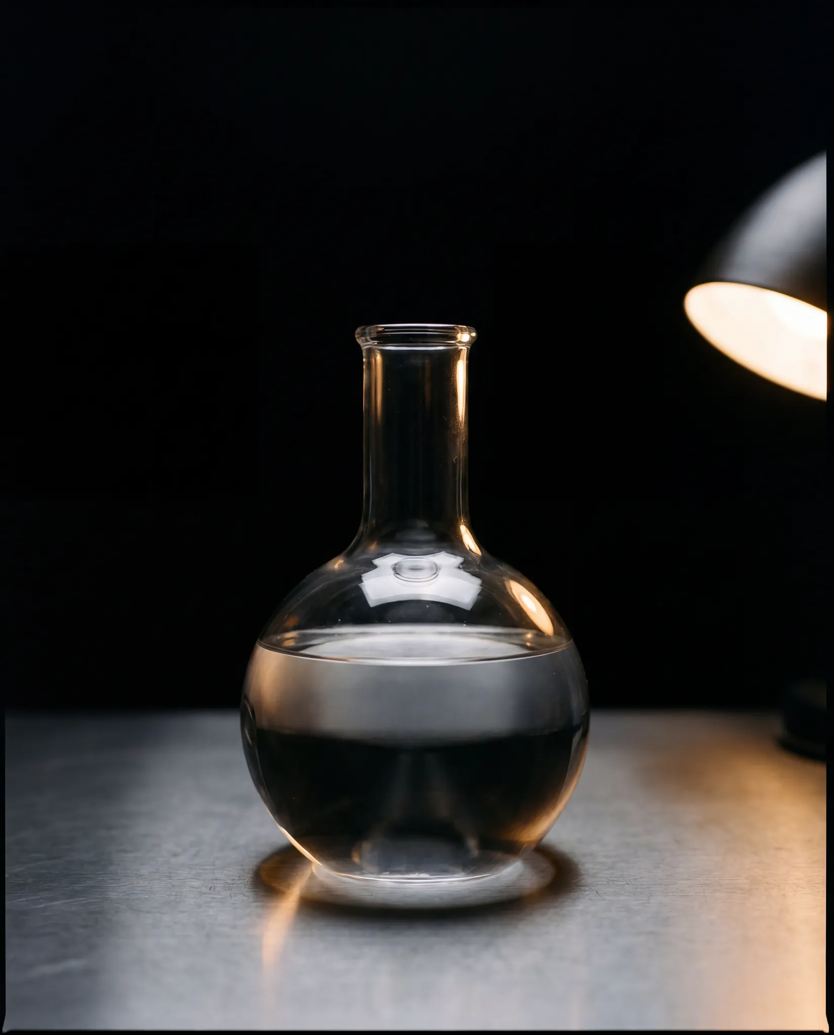 A single apothecary flask of clear spirit on a brushed steel surface, warm rim light from the right.