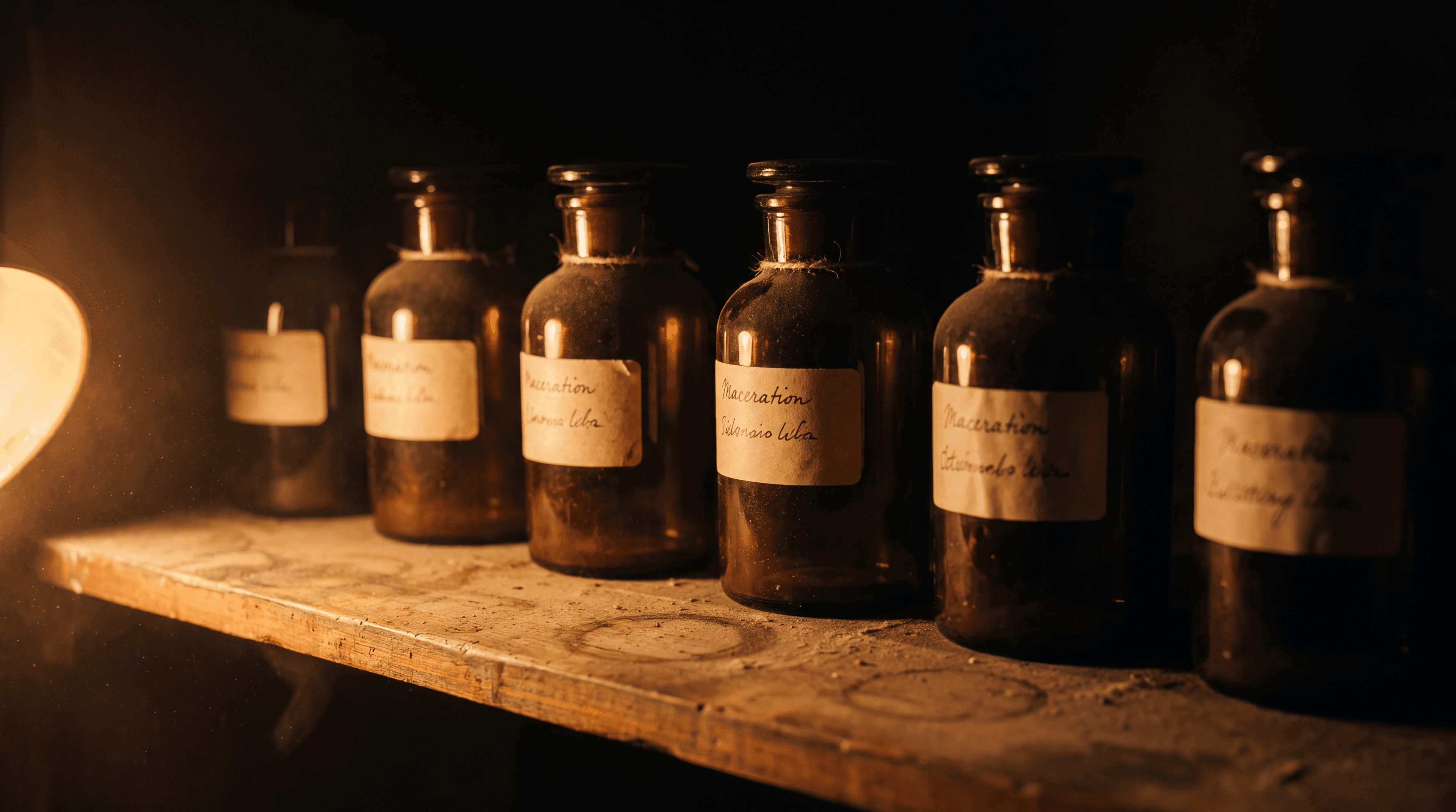 A row of dark amber maceration jars on a weathered wooden shelf, warm tungsten wash from the left.