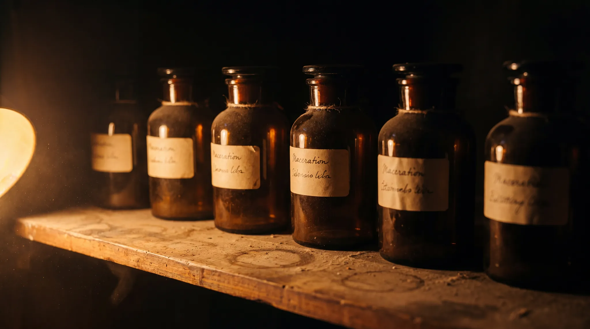 A row of dark amber maceration jars on a weathered wooden shelf, warm tungsten wash from the left.