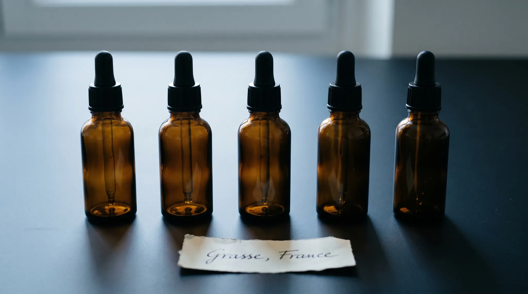 Five unlabelled amber dropper bottles in a clinical row on an ink-black surface, with a small handwritten slip reading 'Grasse, France' in the foreground.