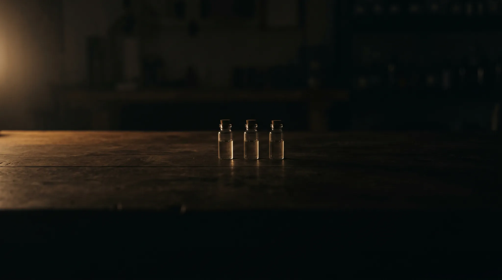 A wide near-empty workbench in low ambient light, three small clear vials centered, dense negative space around them.