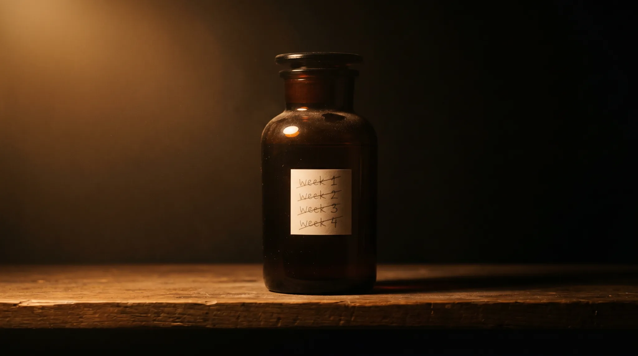 A single dark amber maceration jar on a worn wooden shelf, label marked with crossed-off pencil week-marks, warm tungsten halo.