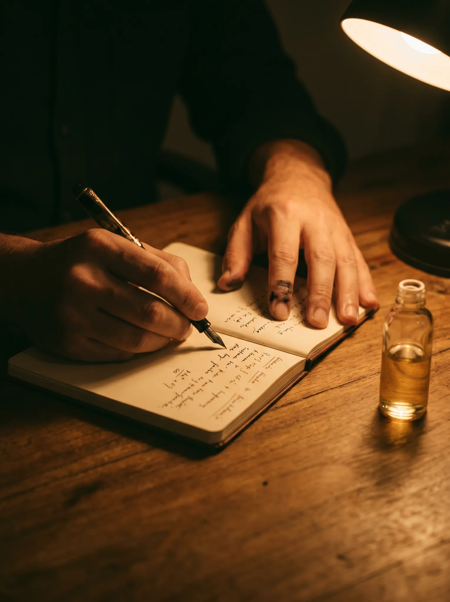 A perfumer's hands at a wooden workbench, fountain pen mid-stroke over a notebook, single unlabelled vial within reach, warm desk-lamp glow.